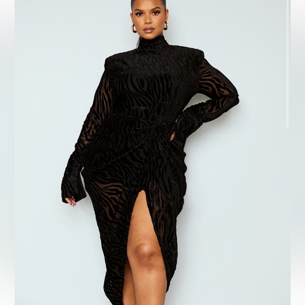 COPY - Plus black zebra devore high neck draped midi dress